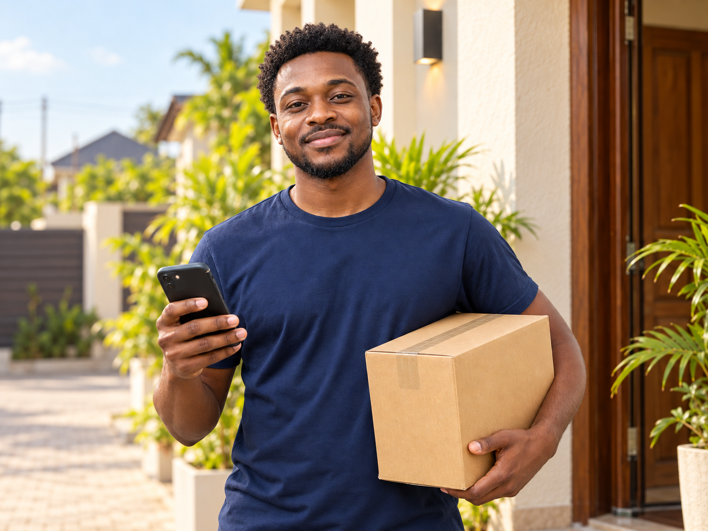 An errand runner holding a parcel and a smartphone outside a home.