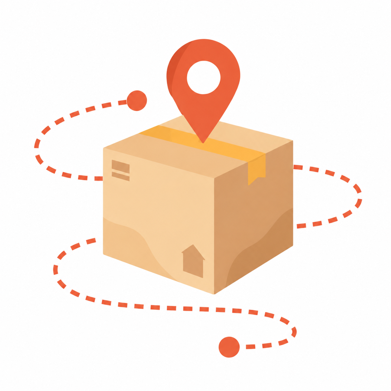 A warm cardboard parcel with a coral location pin and dotted route.